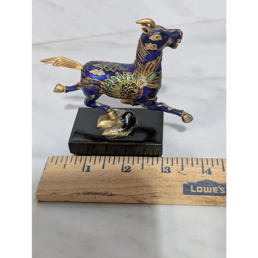 Decorative Cloisonné Horse Miniature Figurine on Black Enamel Wooden Base